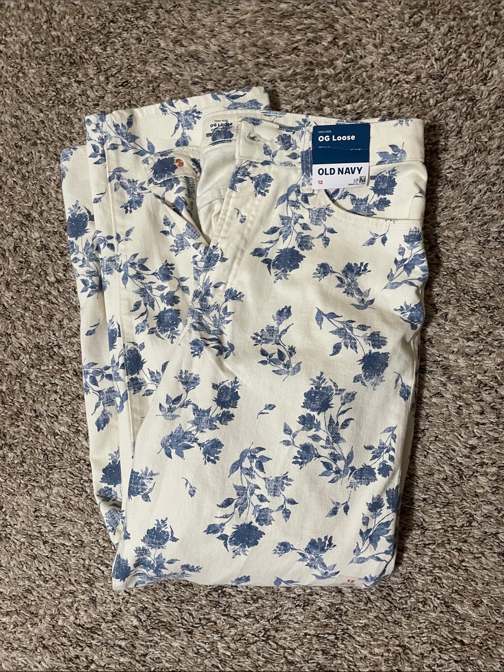 Old Navy Cream Pants with Blue Floral Pattern